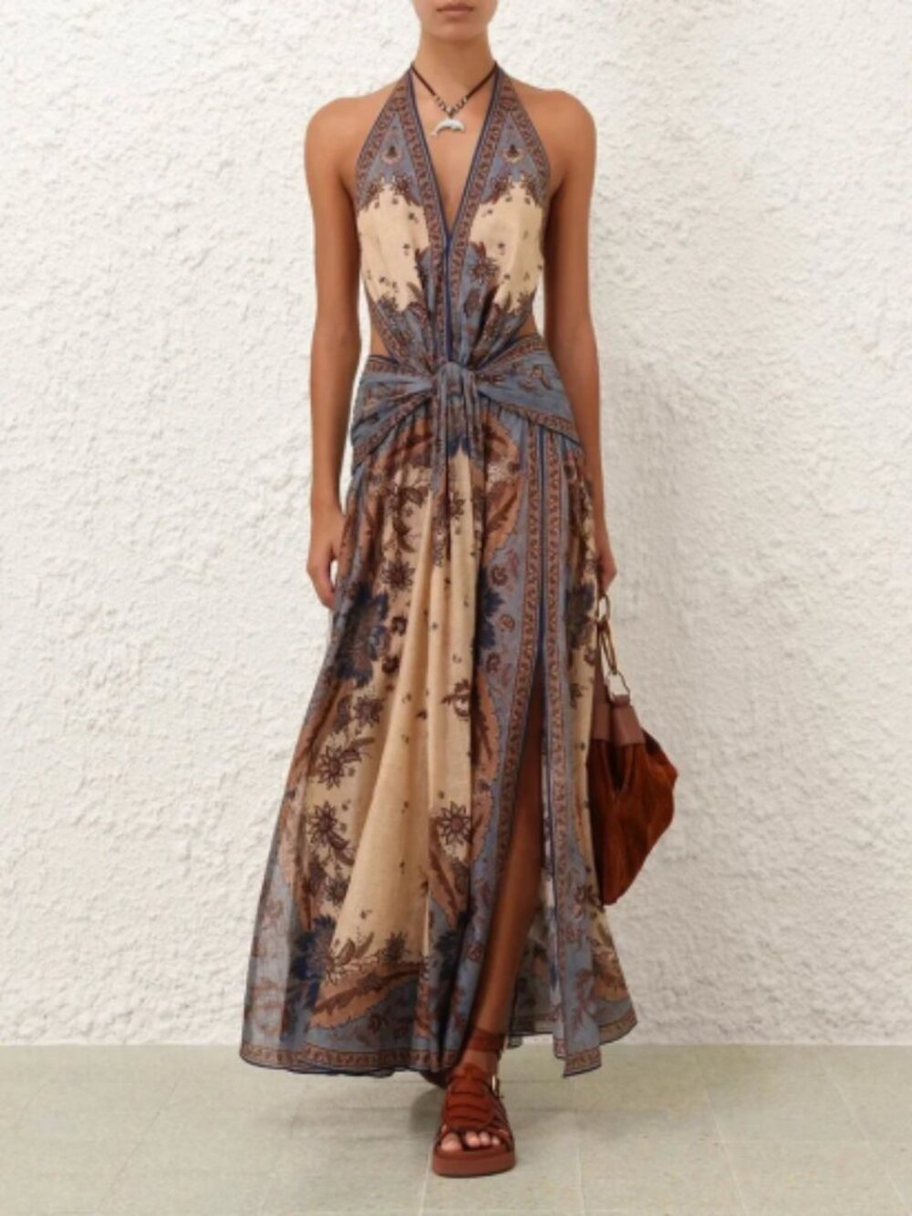 Zimmermann Halter Maxi Dress in Beige and Blue